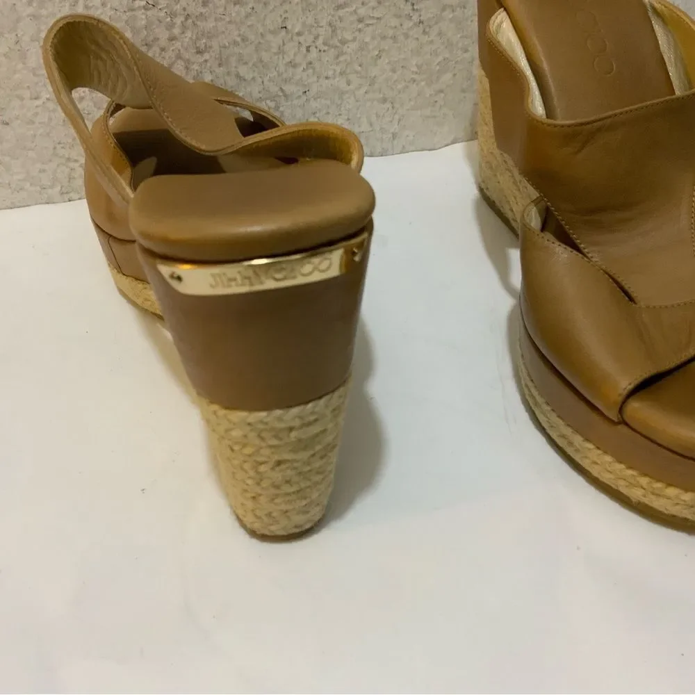 Jimmy Choo Vachetta Leather Teak Espadrille Wedge Sandal 38.5